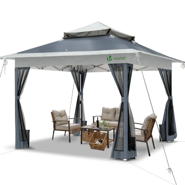 VOUNOT Gazebo Pieghevole 3,6x3,6m con Zanzariera Grigio