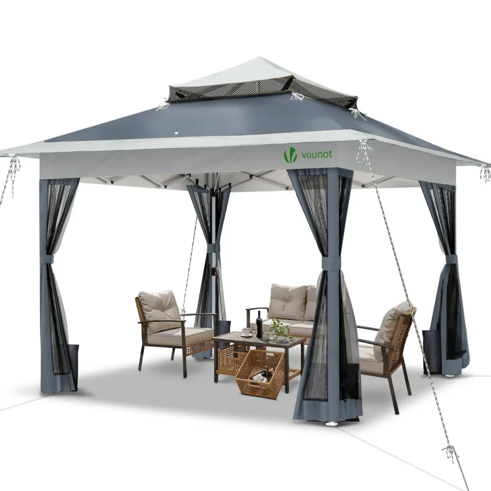 VOUNOT Gazebo Pieghevole 3,6x3,6m con Zanzariera Grigio