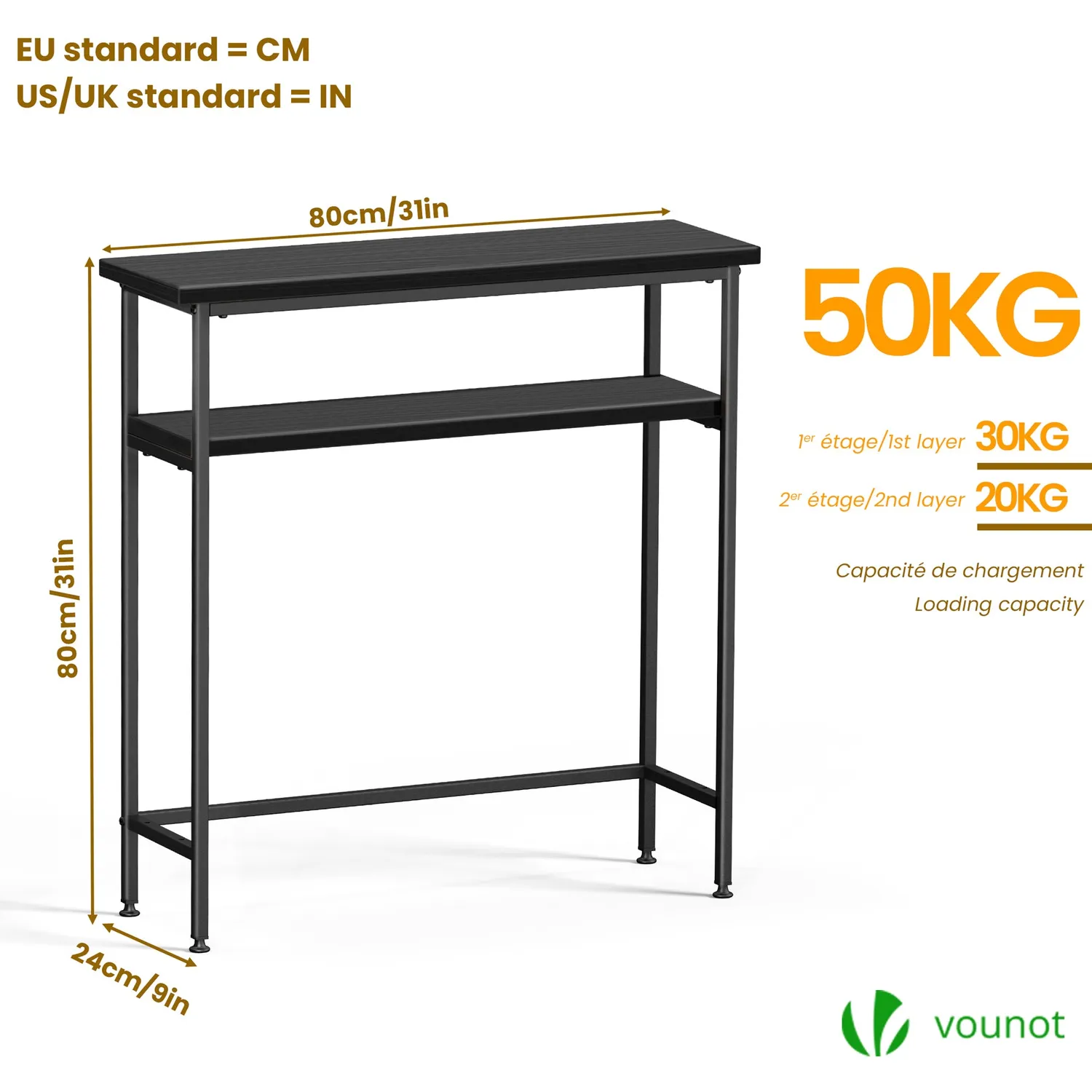 VOUNOT Consolle Ingresso 2 Ripiani 80x24x80 Nera Industriale