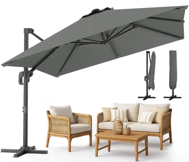 VOUNOT Ombrellone Decentrato 3x3m Grigio con Custodia