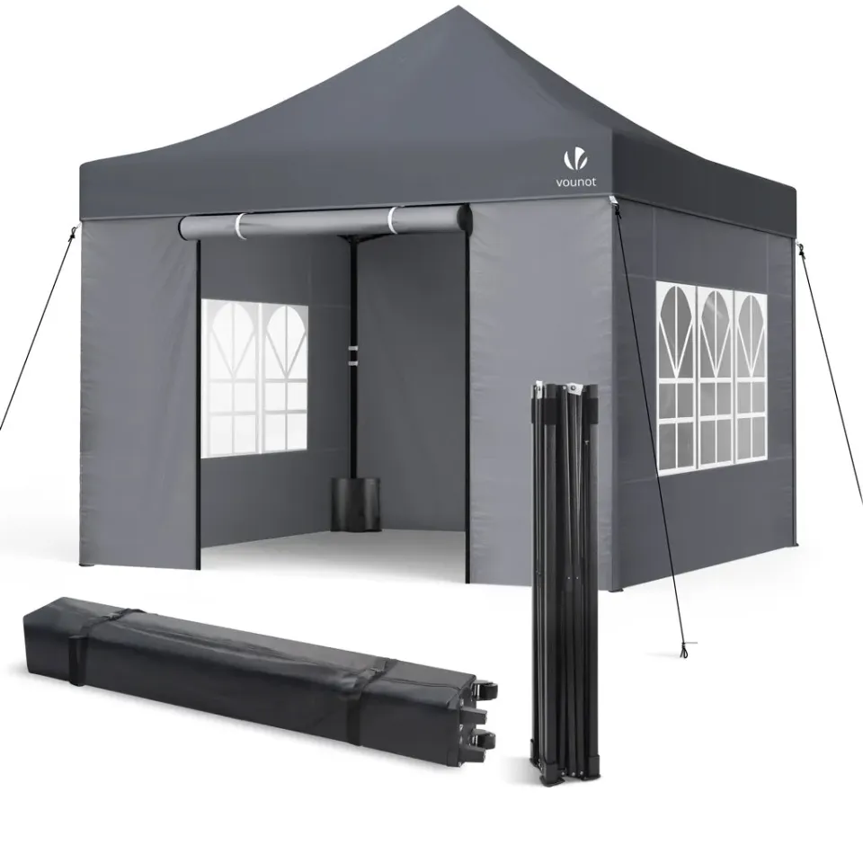 VOUNOT Gazebo pieghevole 3x3 m grigio con pareti impermeabile