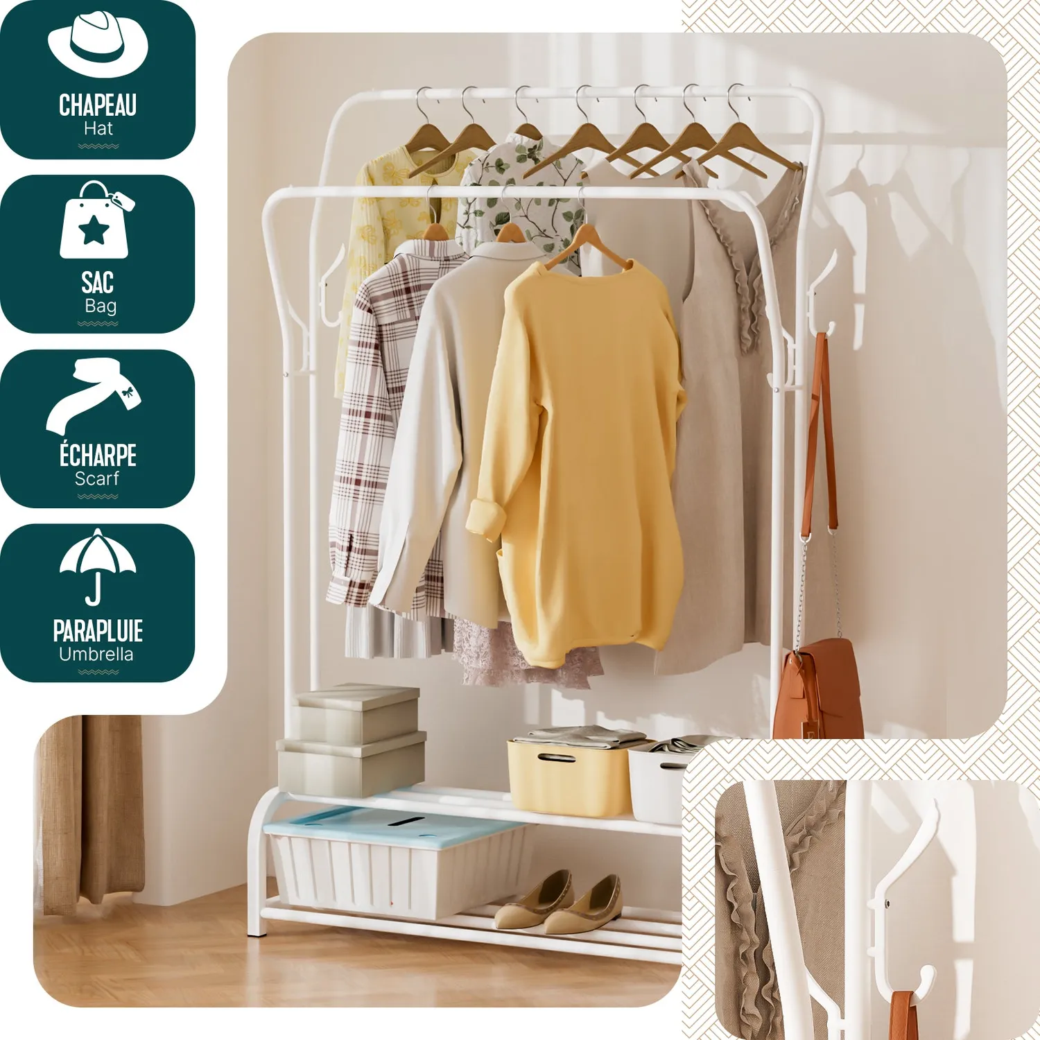 Vounot stender appendiabiti doppio bianco 108x35x145cm