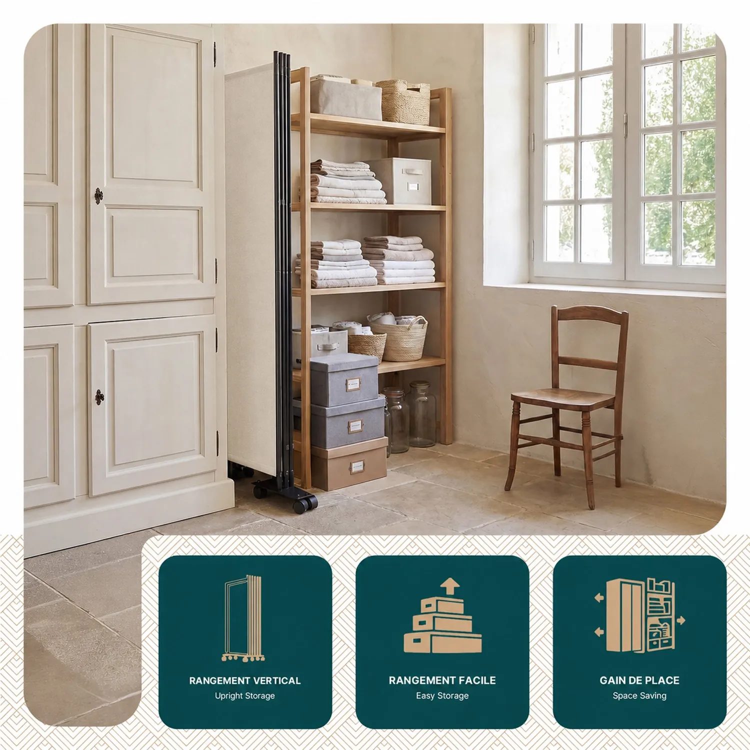 VOUNOT Paravento interno 3 pannelli 262x180 cm beige