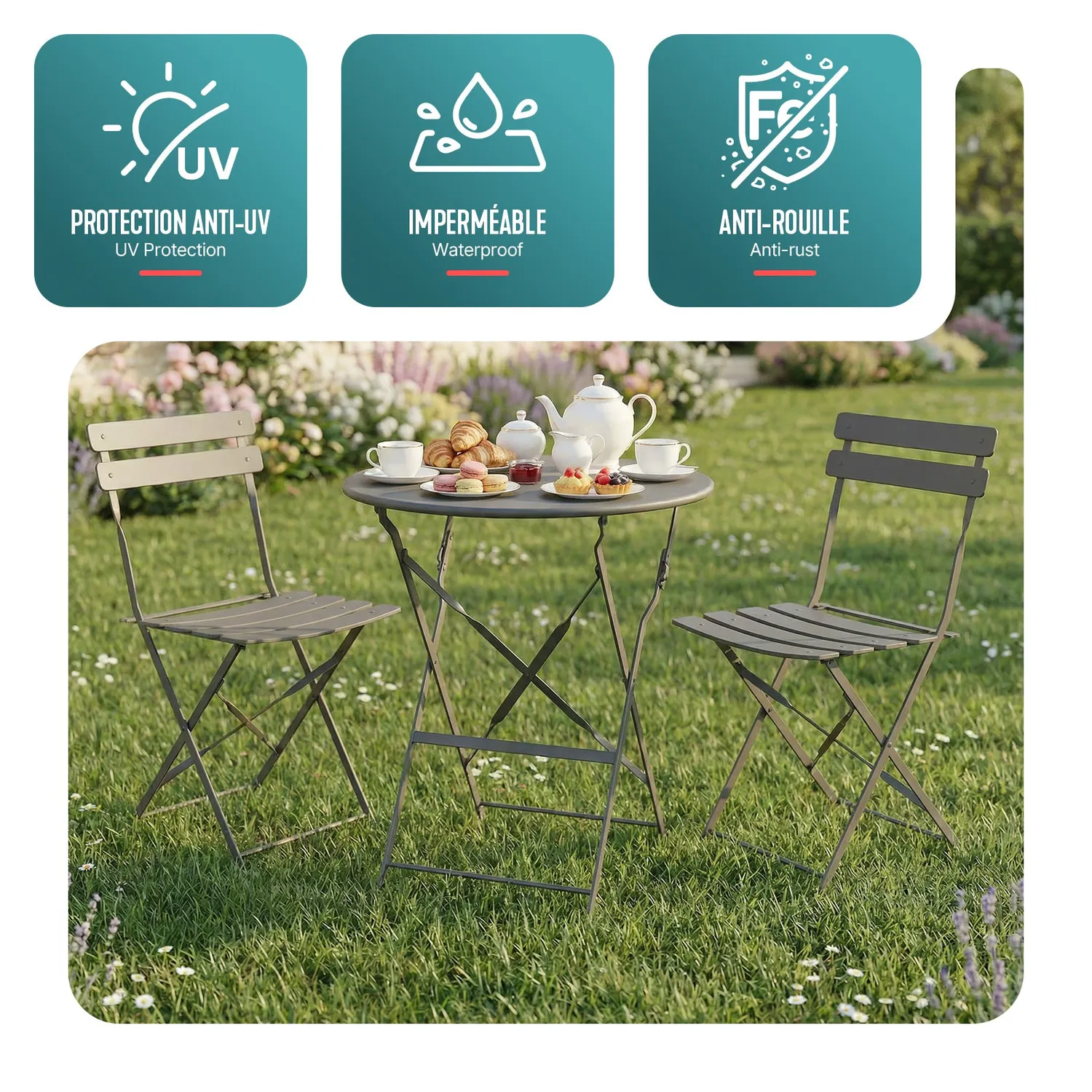 VOUNOT Set Bistrot Metallo Tavolo+2 Sedie Grigio Pieghevole