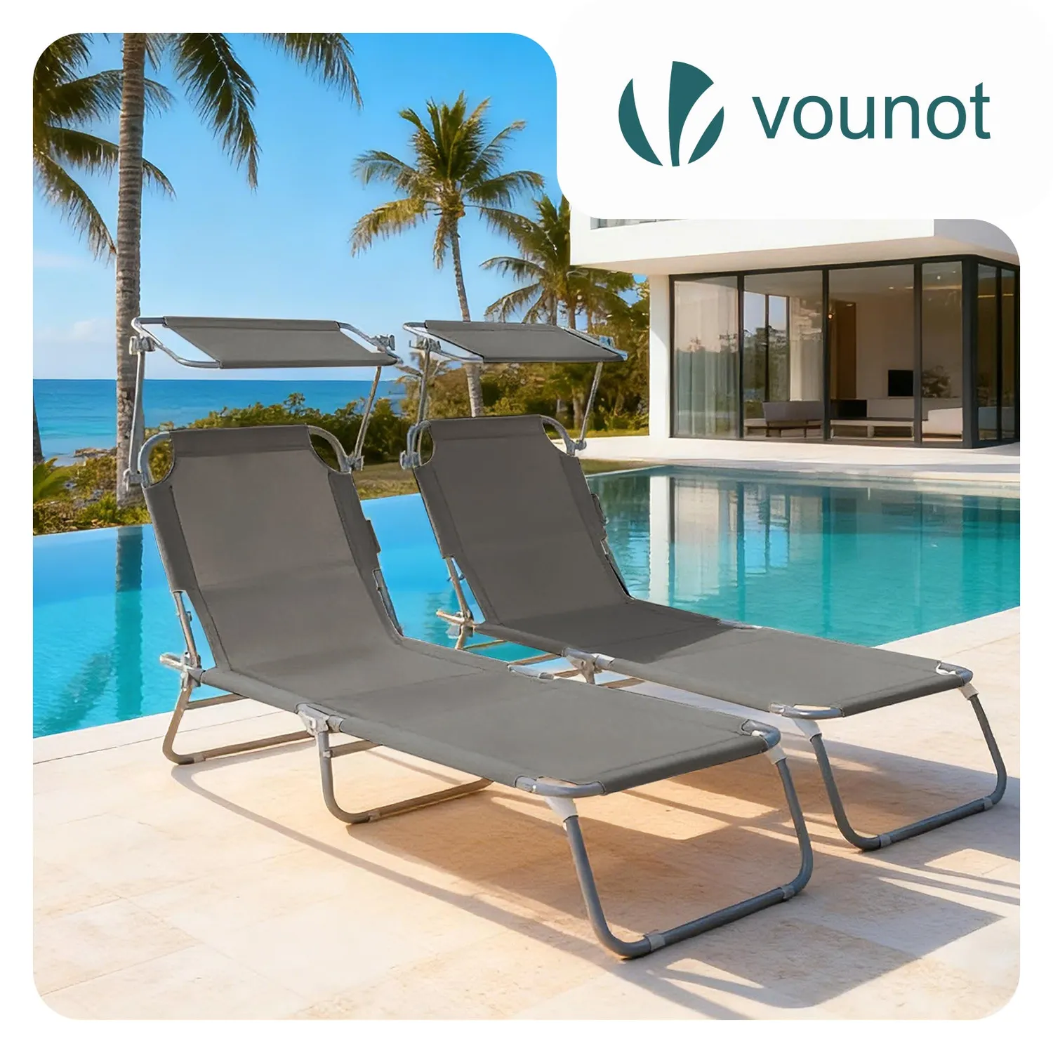 VOUNOT sdraio pieghevole con parasole grigio 2 pz