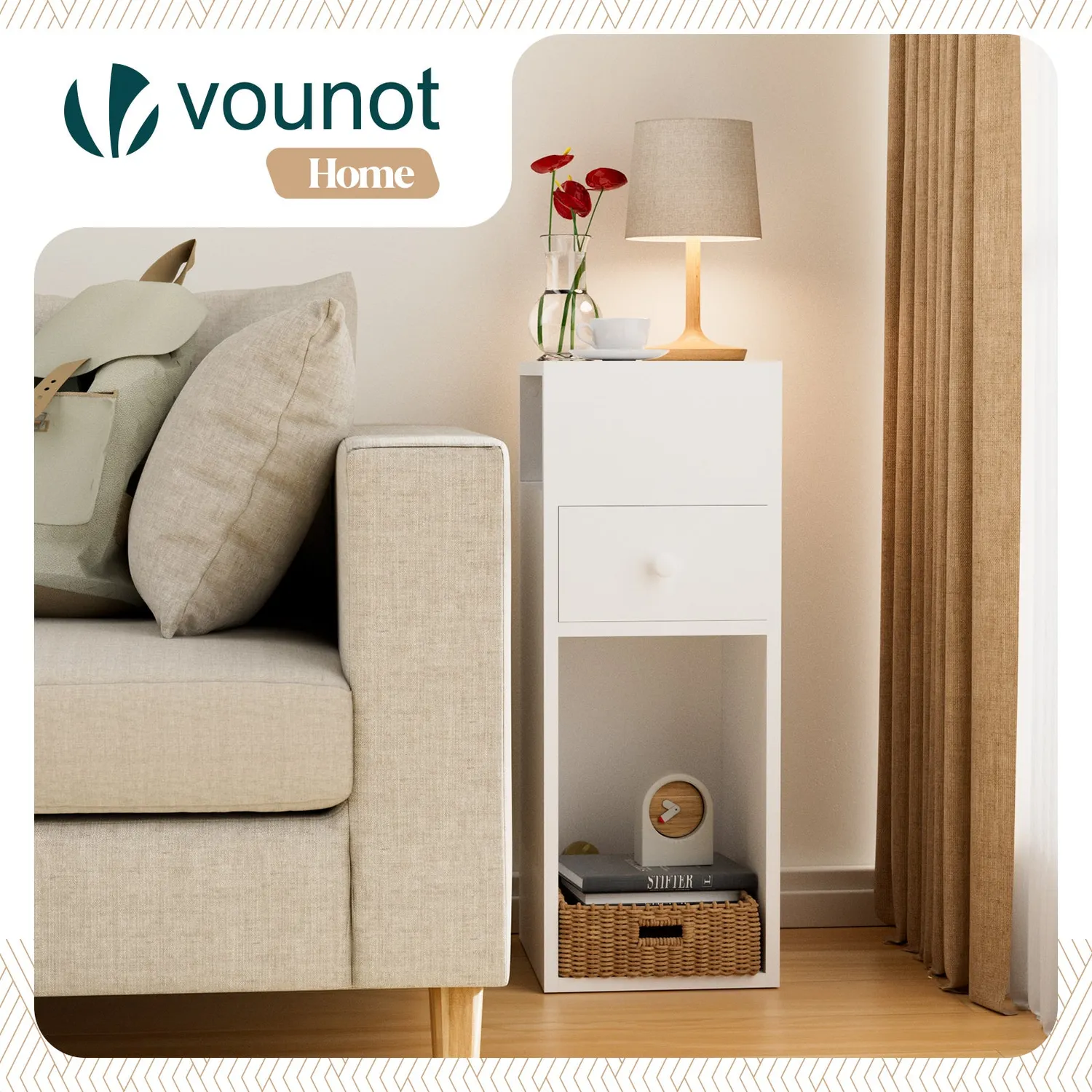 Vounot set 2 comodini bianchi 25x30x66 cm con cassetto