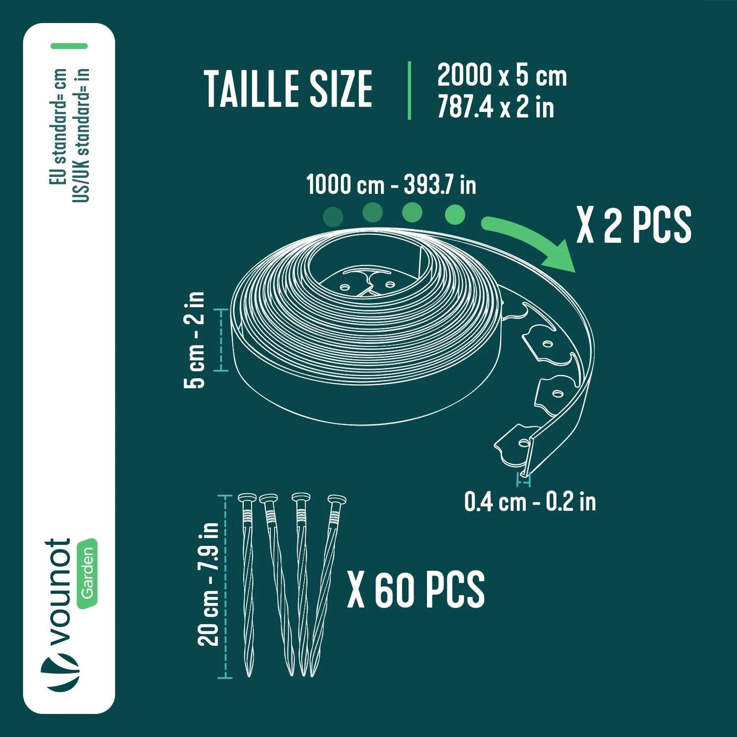 VOUNOT Bordura giardino flessibile 20 m grigia con picchetti PE