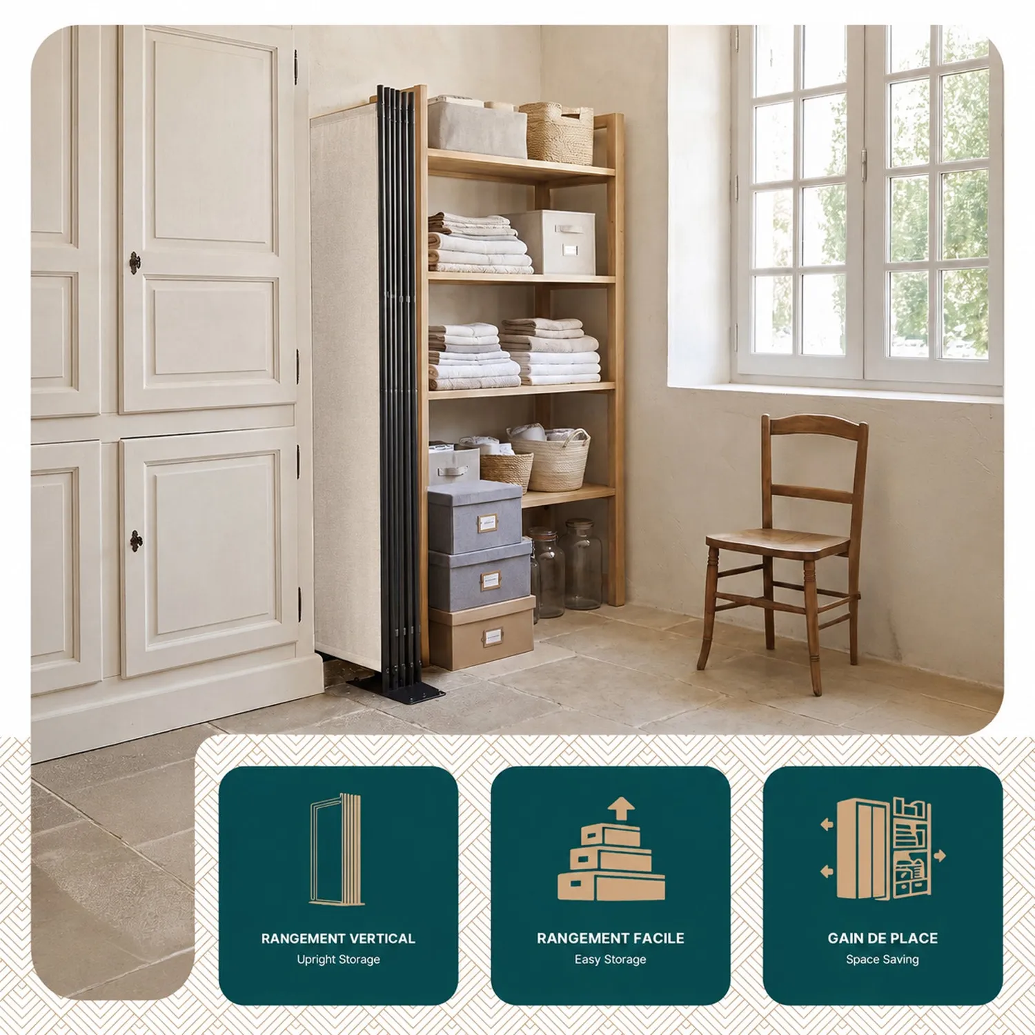 VOUNOT Paravento Interno 4 Pannelli 228cm Beige Pieghevole