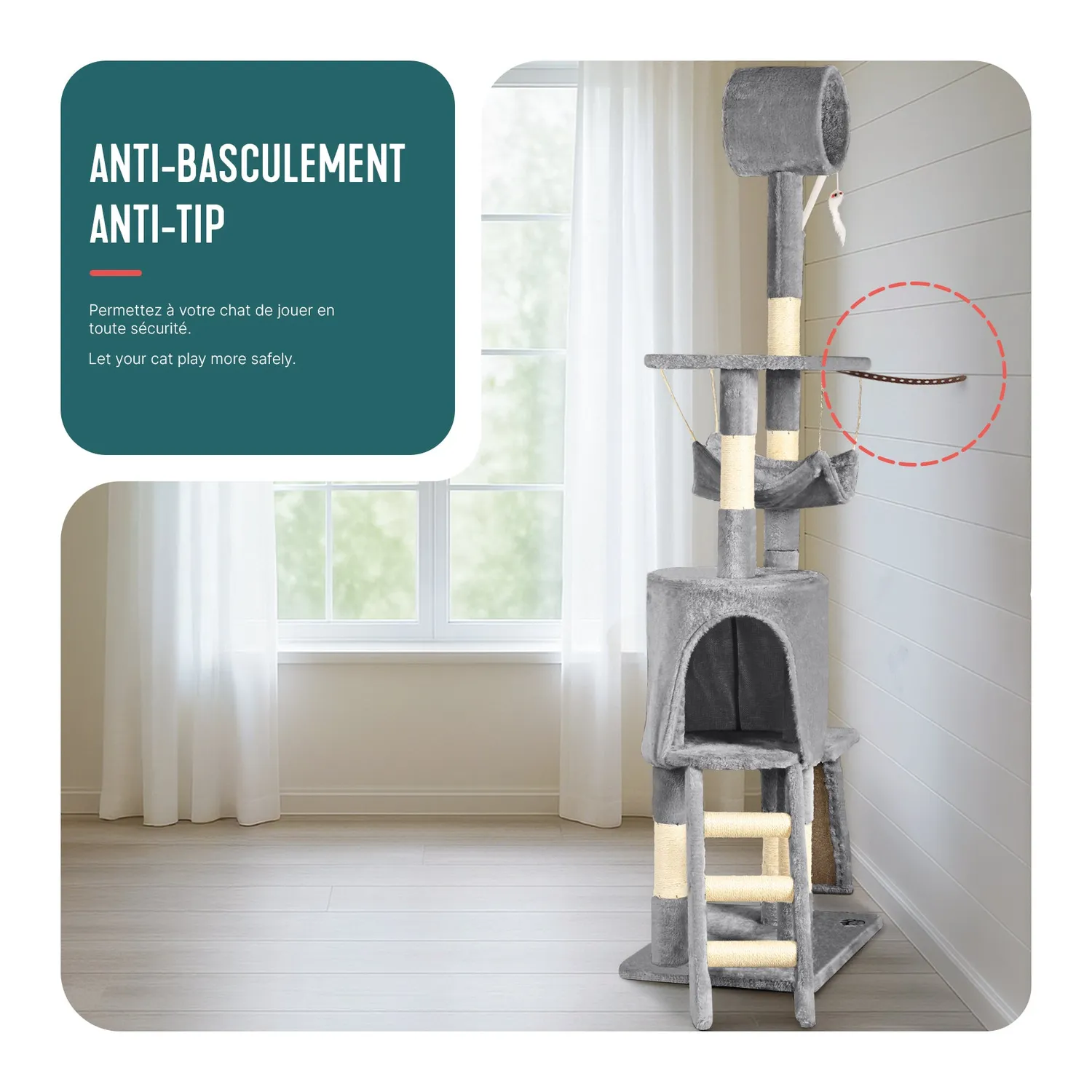 VOUNOT Albero Tiragraffi Gatto 155 cm Grigio multipiano