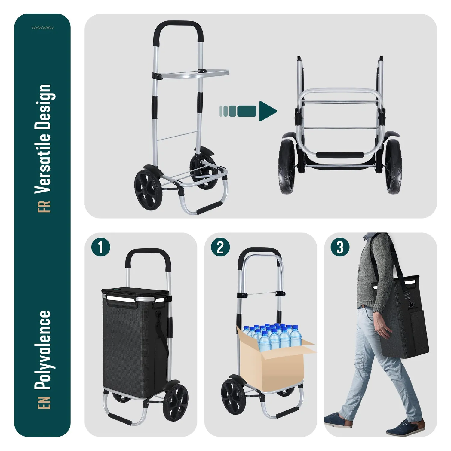 VOUNOT Carrello Spesa Pieghevole Nero 58L con Borsa Termica