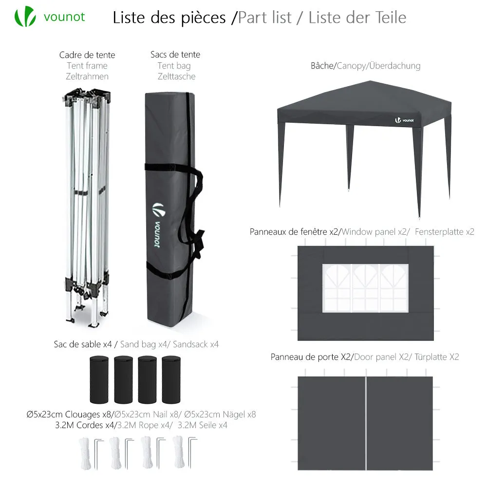 VOUNOT Gazebo Pieghevole 3x3 m Grigio con 4 Pareti