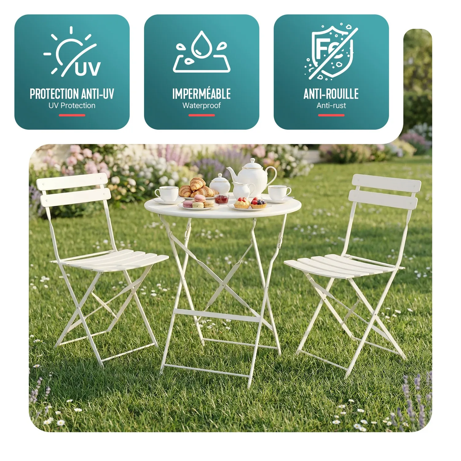 VOUNOT Set Bistrot Metallo Pieghevole Crema 3 Pezzi