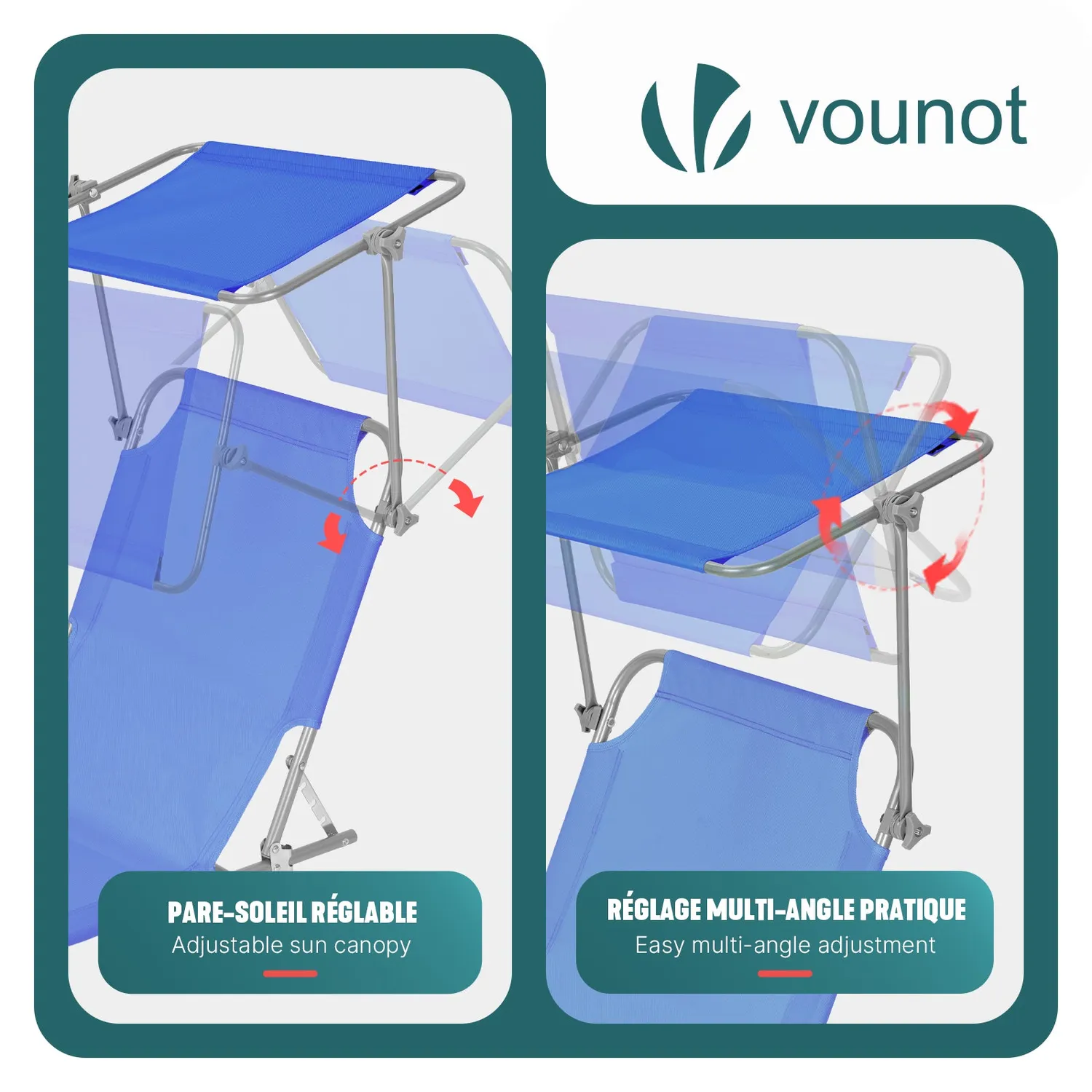 VOUNOT Sdraio Pieghevole con Parasole Blu 2 Pezzi