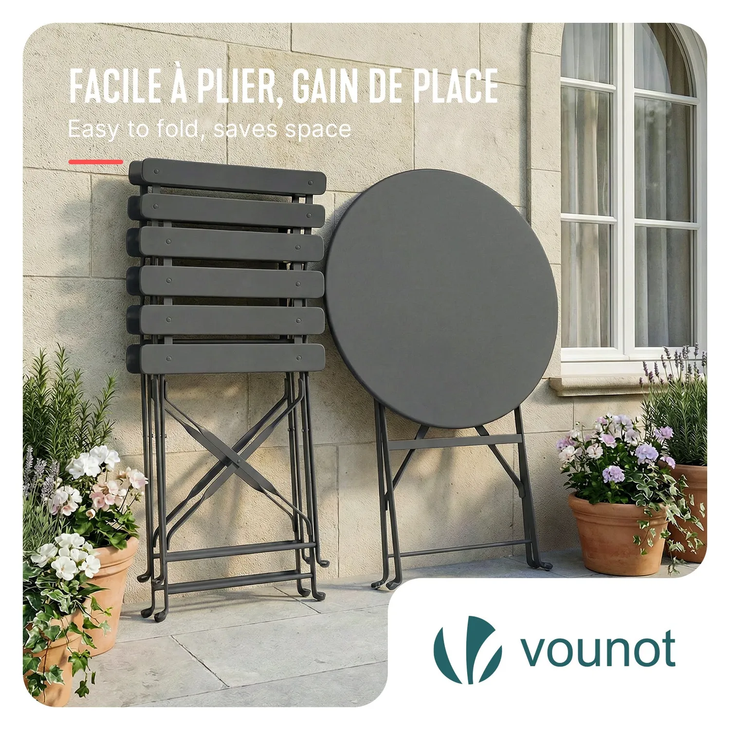 VOUNOT Set Bistrot Metallo Tavolo+2 Sedie Grigio Pieghevole