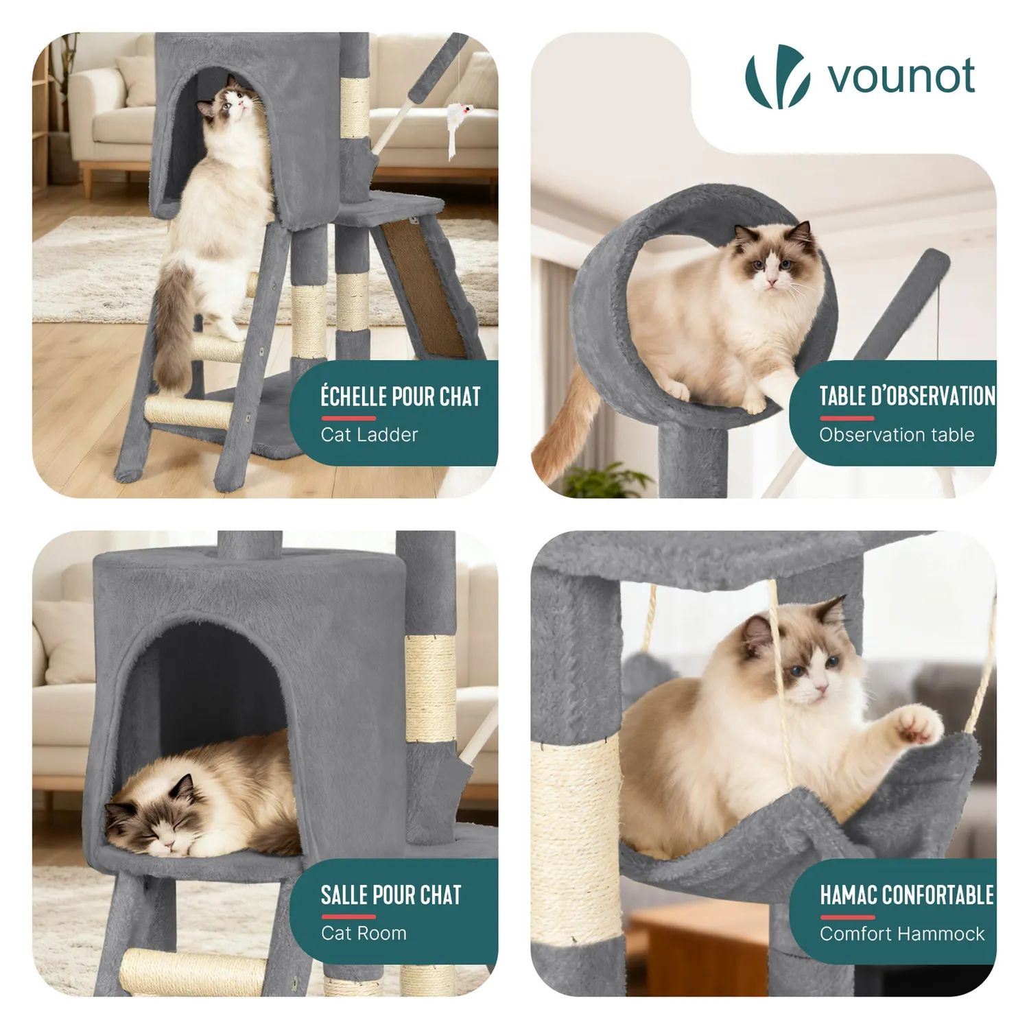 VOUNOT Albero Tiragraffi Gatto 155 cm Grigio multipiano
