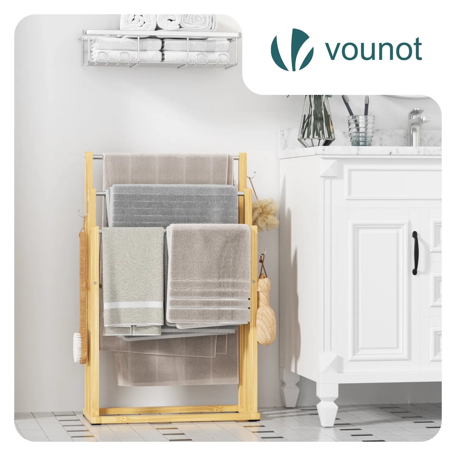 VOUNOT Portasciugamani da Terra Bambù 3 Livelli 45x21x82