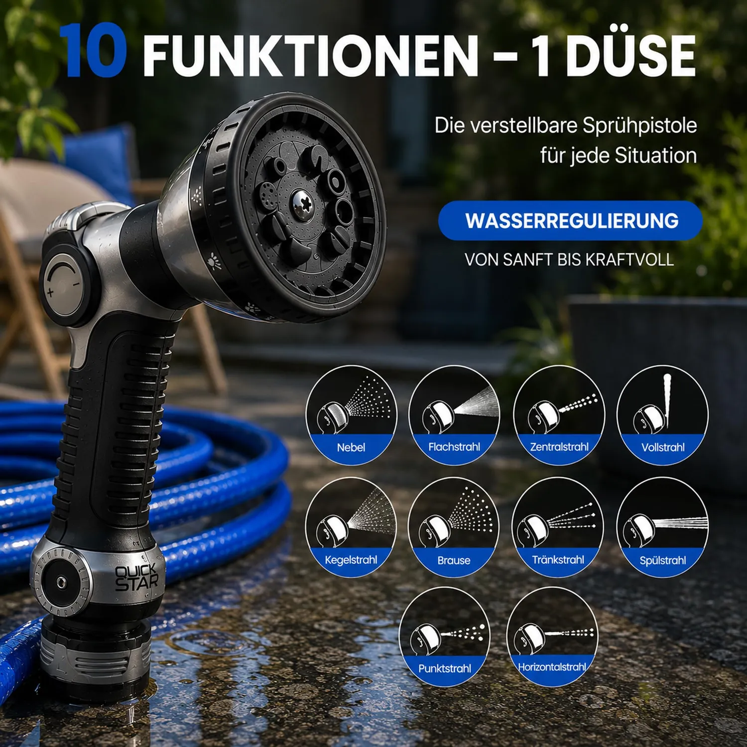 Quick Star Avvolgitubo Pro 30 m + 2 m con pistola 10 getti