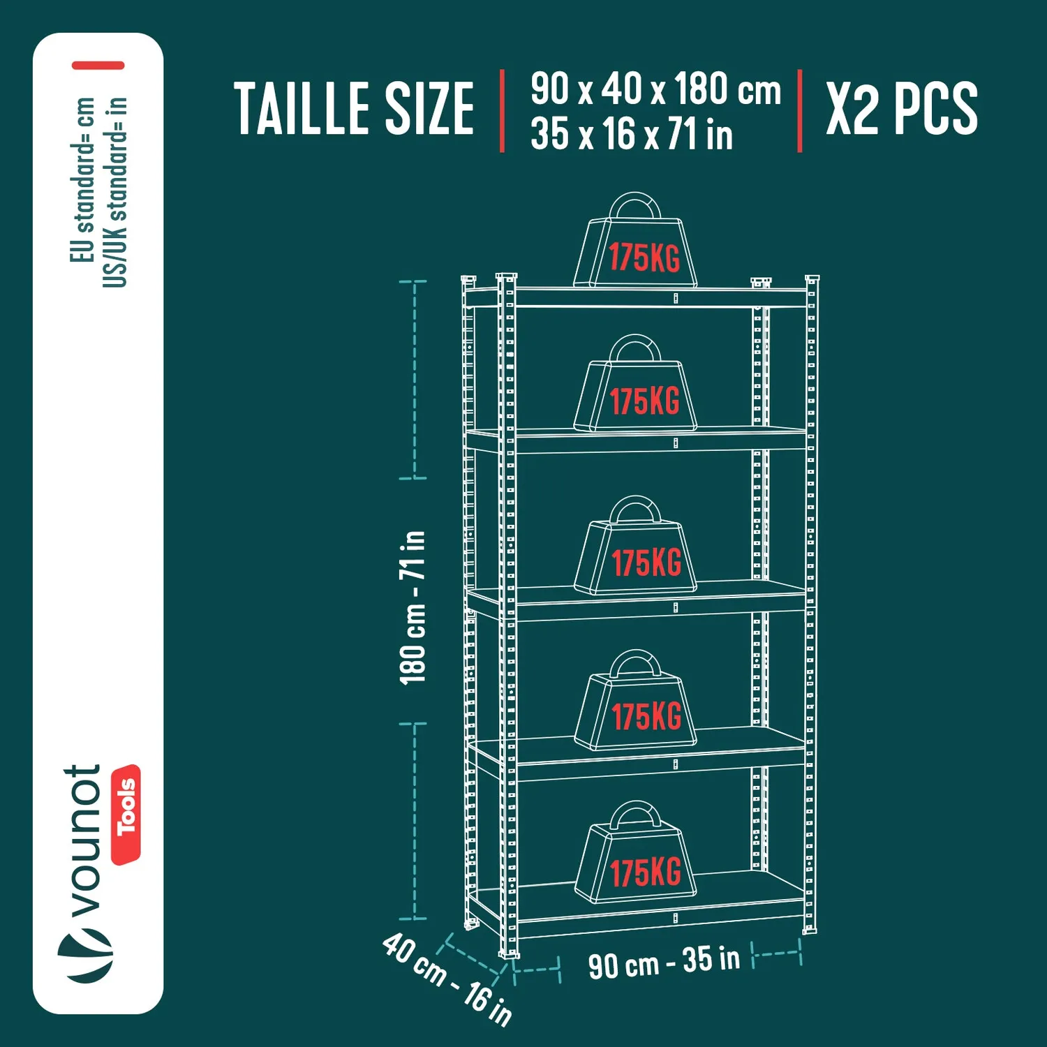 VOUNOT scaffale metallo 5 ripiani 90x40x180 set 2pz