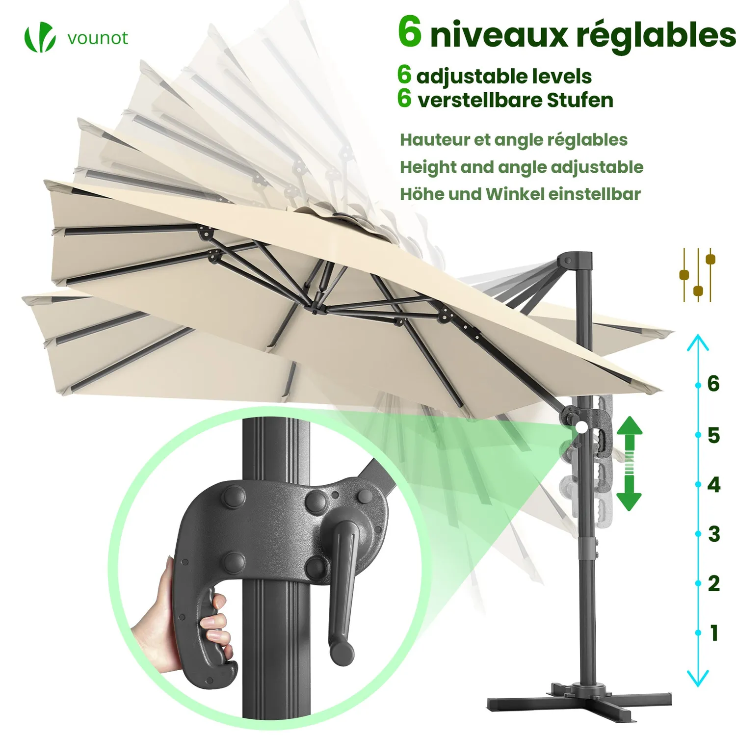 VOUNOT Ombrellone Decentrato Quadrato 3x3 m Beige Inclinabile