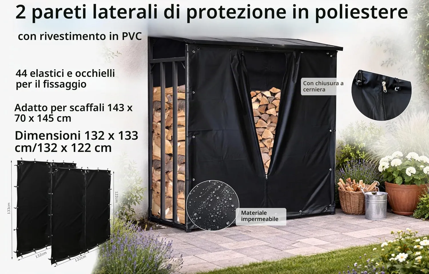 Quick Star teli legnaia 143x70x145 cm neri PVC anteriore+posteriore
