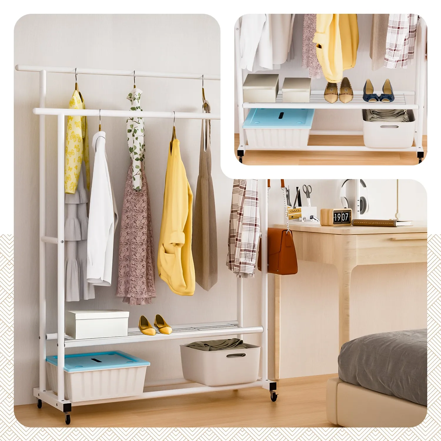 Vounot stender abiti doppio bianco ruote 121x40x147 cm
