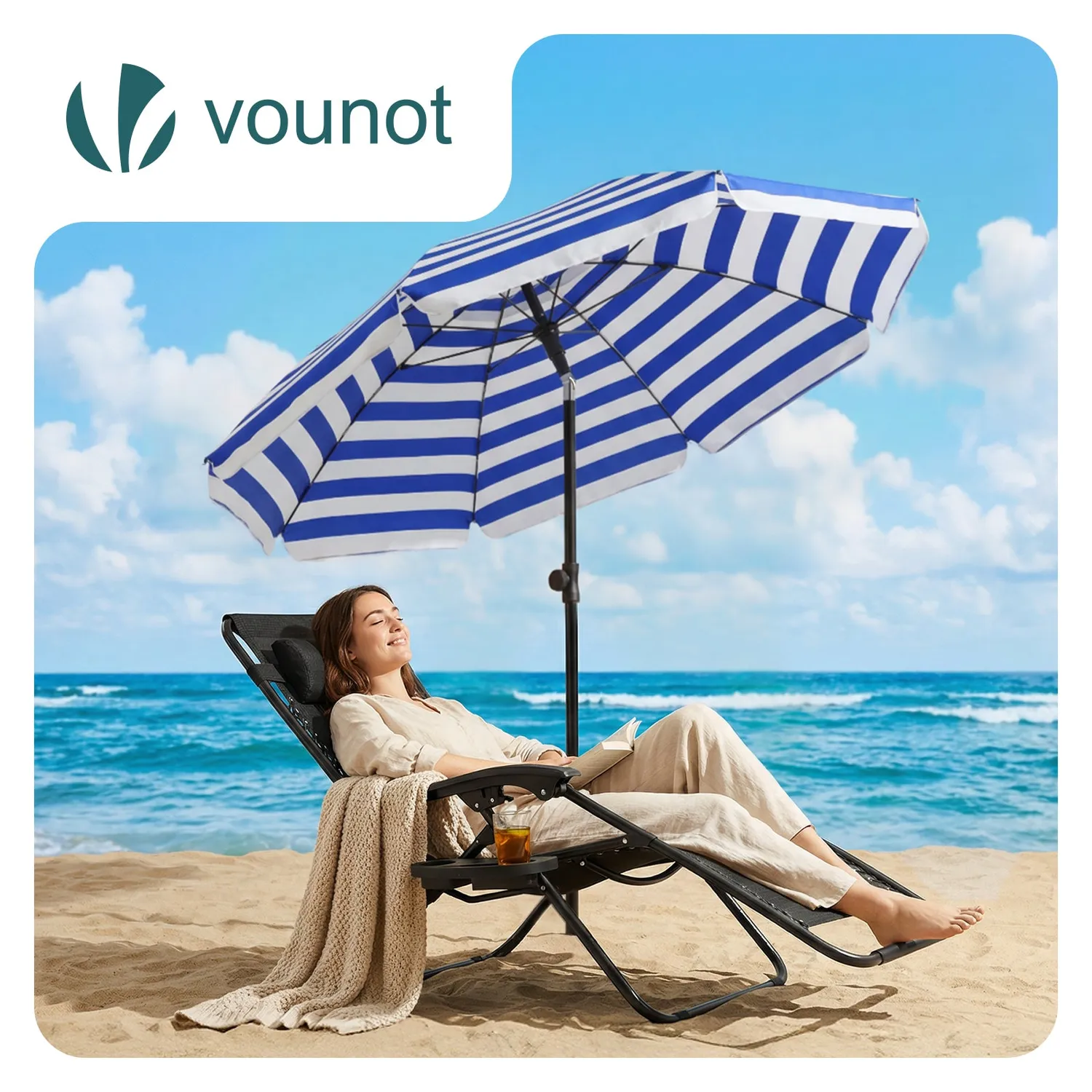 VOUNOT Ombrellone Spiaggia 2x2 m Blu Bianco UV50+