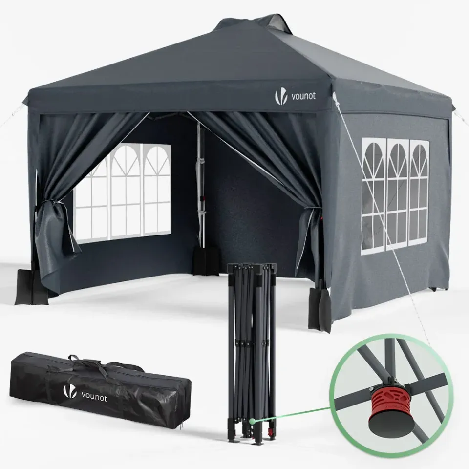 VOUNOT Gazebo Pieghevole 3x3 m Grigio Pop-Up con Pareti