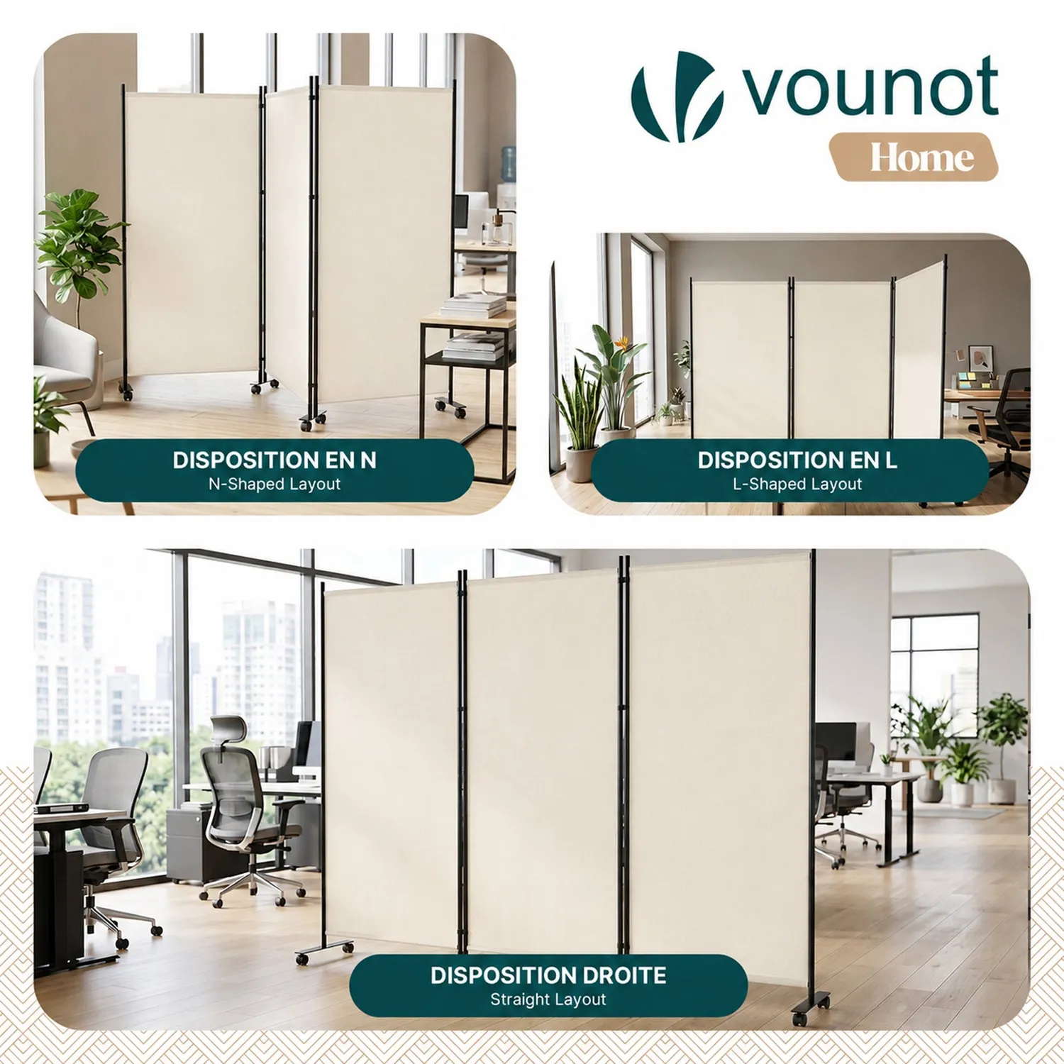 VOUNOT Paravento interno 3 pannelli 262x180 cm beige