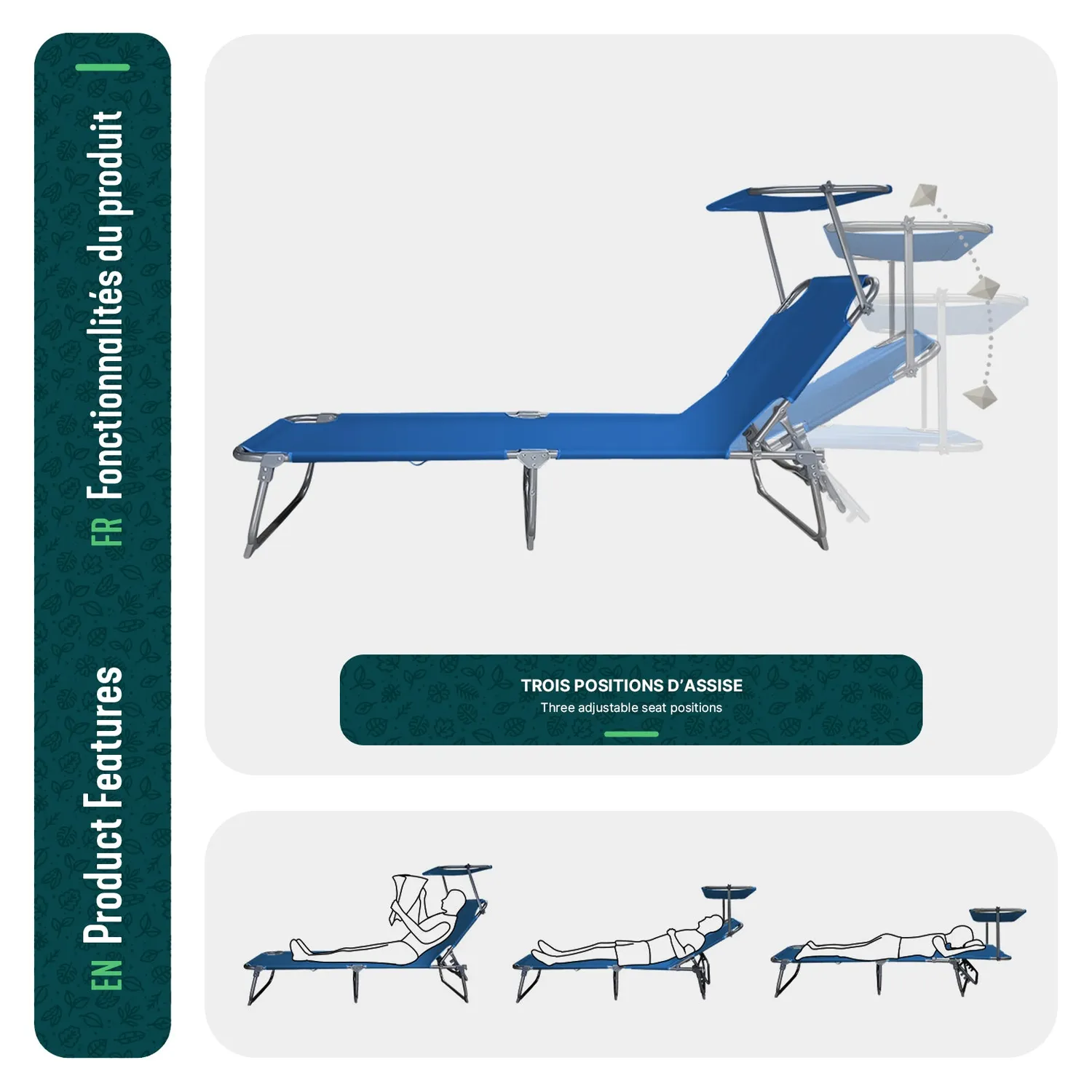 Vounot lettini prendisole pieghevoli blu 2 pezzi con parasole