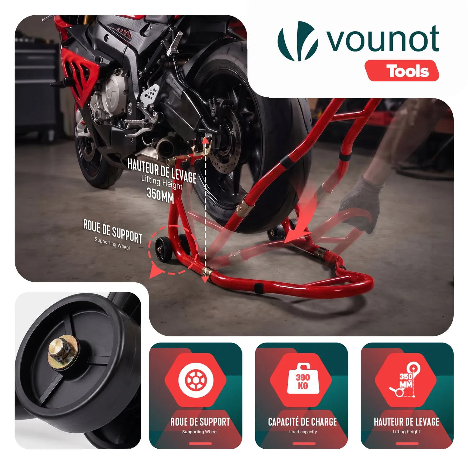 VOUNOT Cavalletto Moto Posteriore 390kg Rosso Acciaio