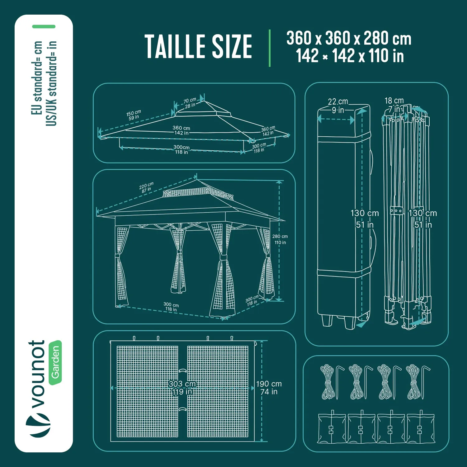 VOUNOT Gazebo pieghevole 3,6x3,6 m con zanzariera verde