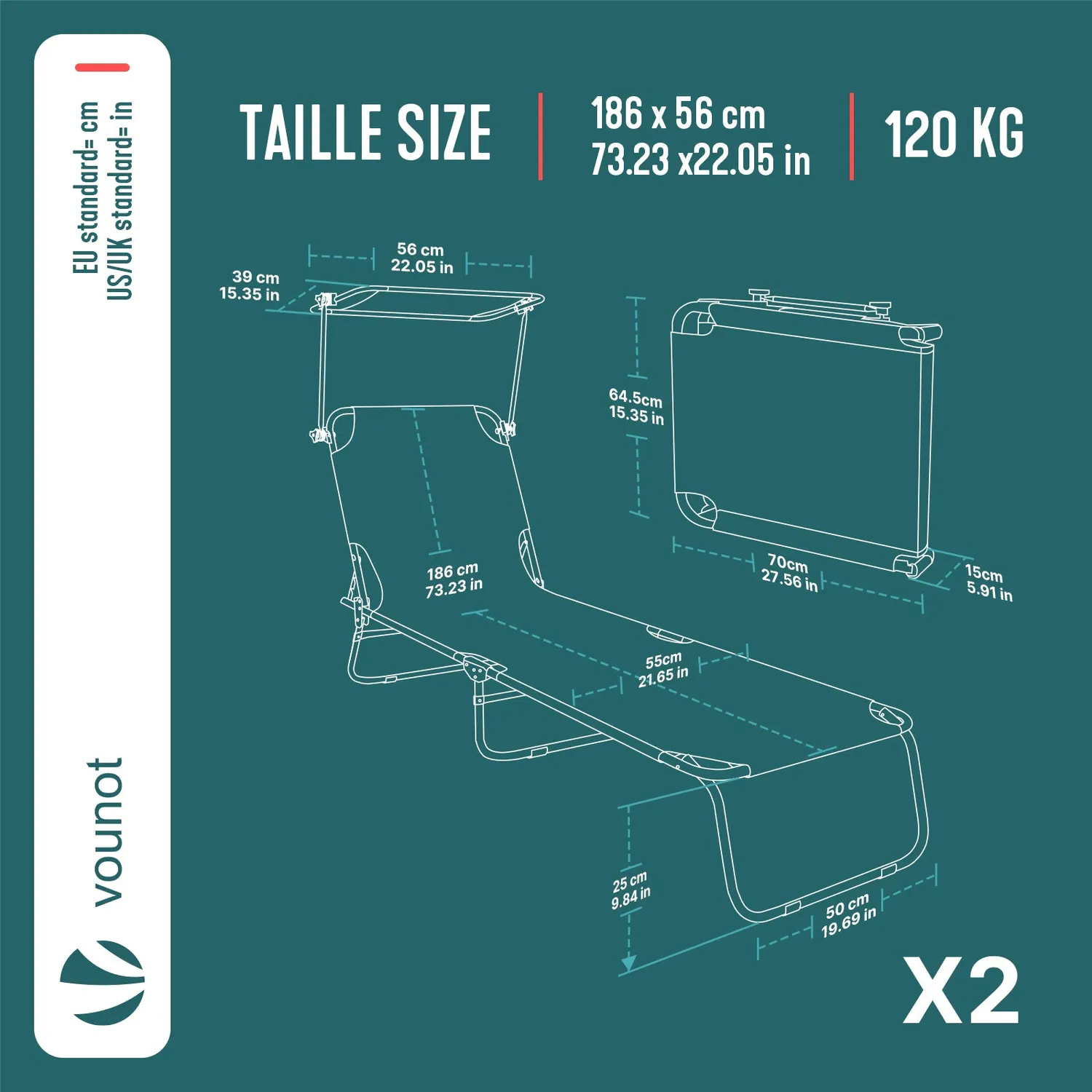 VOUNOT Sdraio Pieghevole con Parasole Blu 2 Pezzi