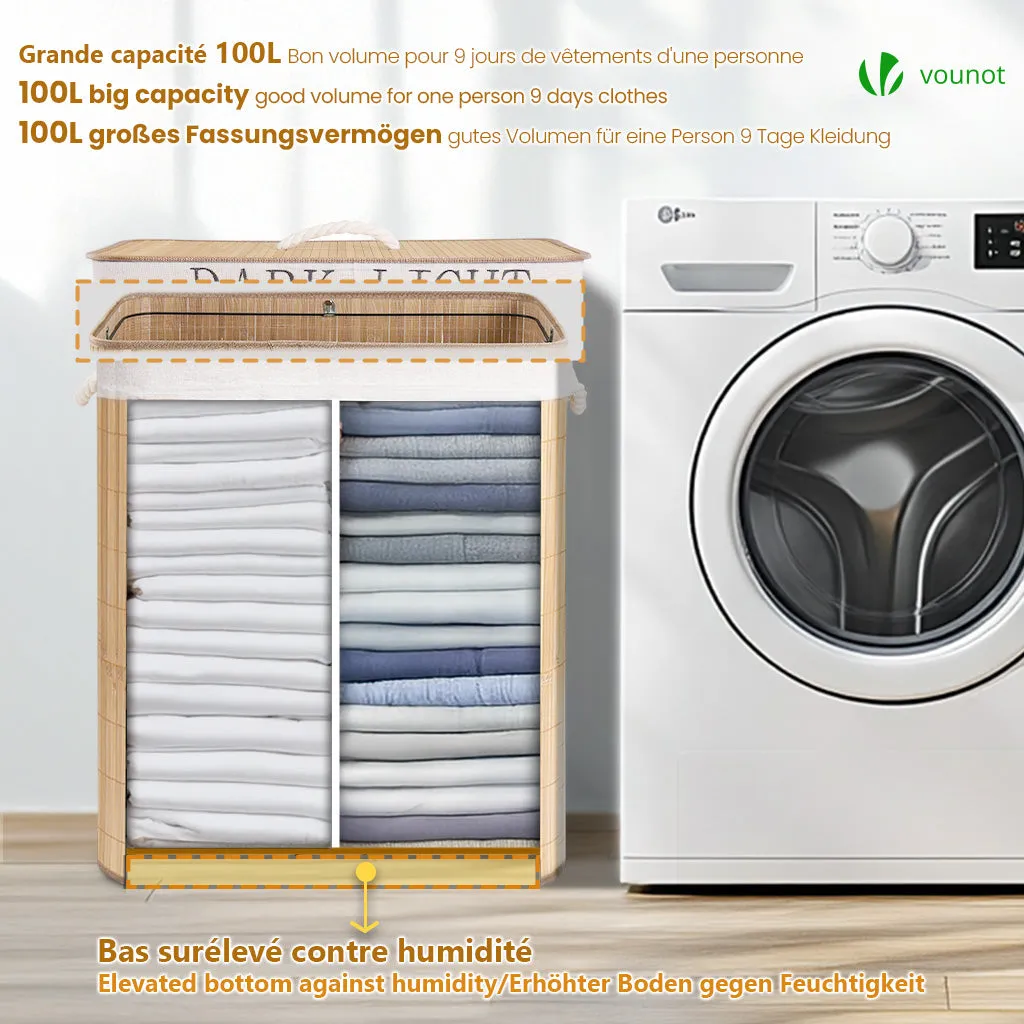 Vounot cesto portabiancheria bambù 100 L doppio naturale