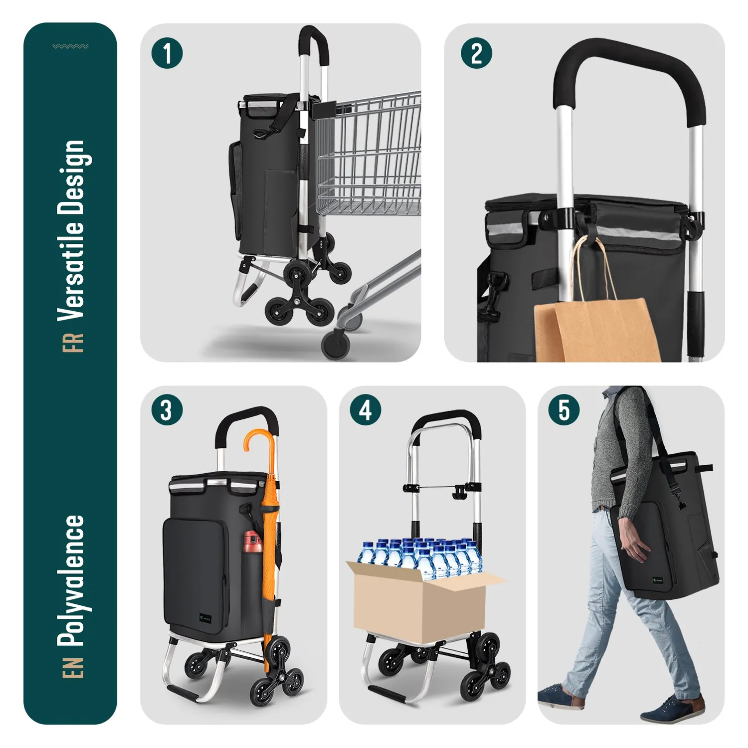 Vounot carrello spesa pieghevole 50L nero 40kg 6 ruote
