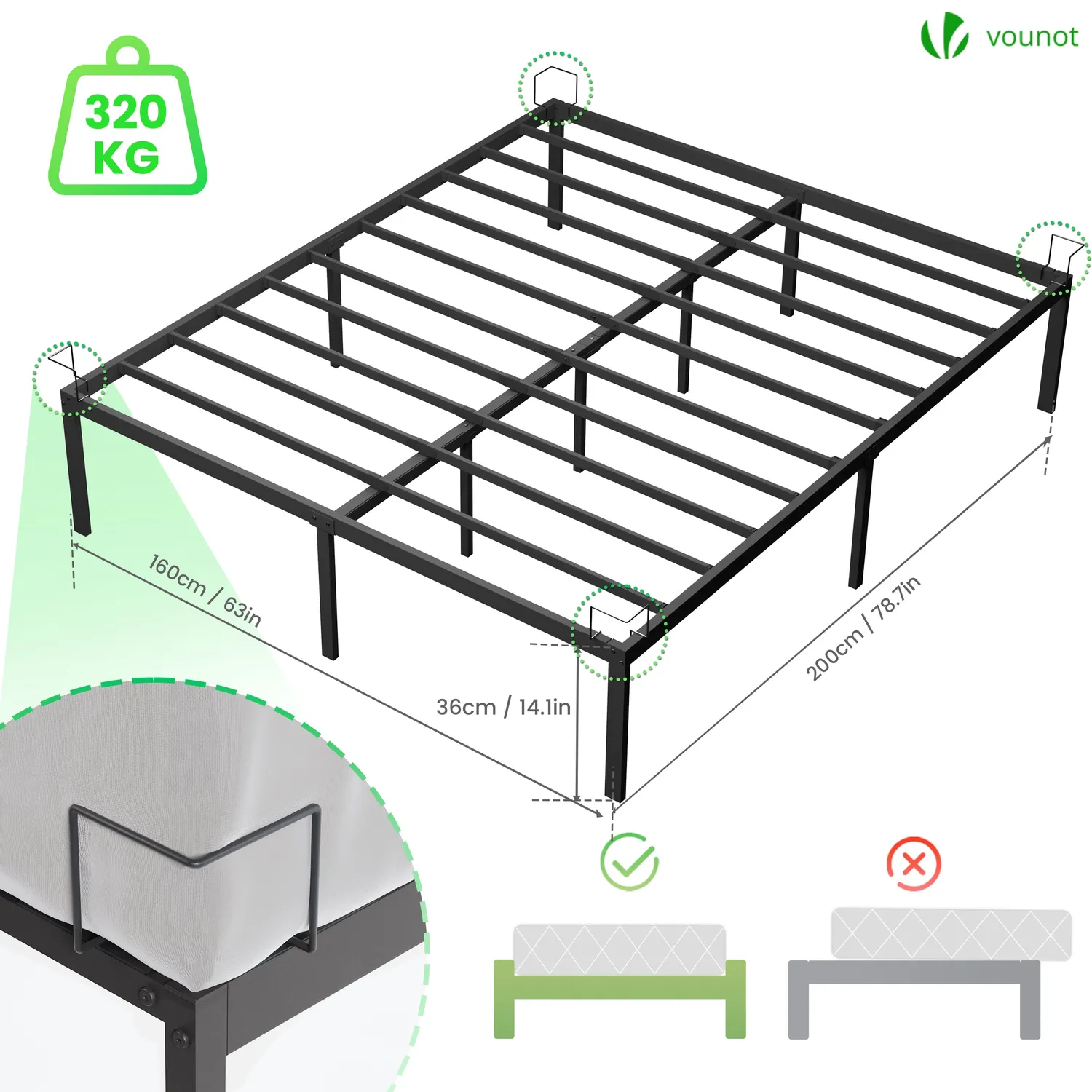 VOUNOT Struttura Letto Metallo 160x200 Nero con Vano 36cm