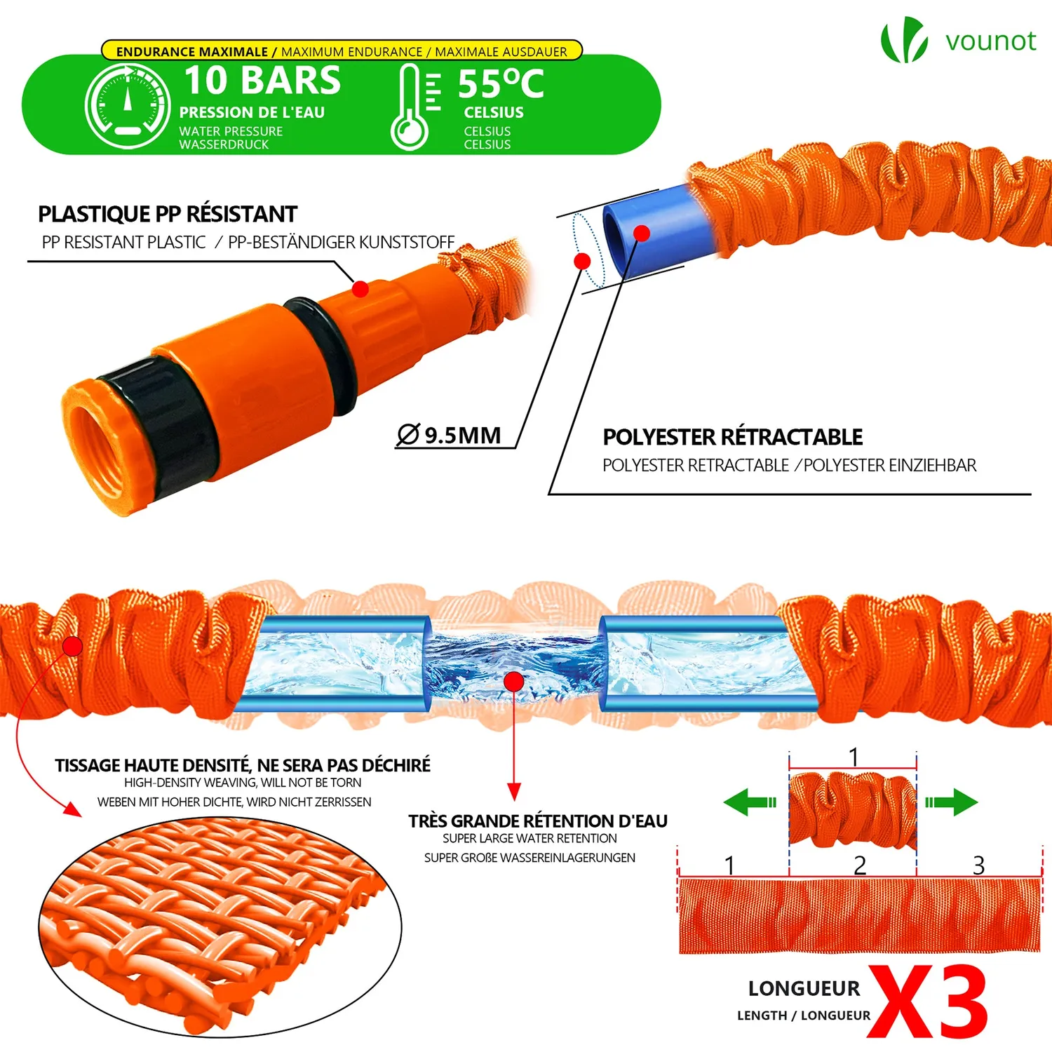 Vounot Tubo Irrigazione Estensibile 45 m Arancione 10 Getti
