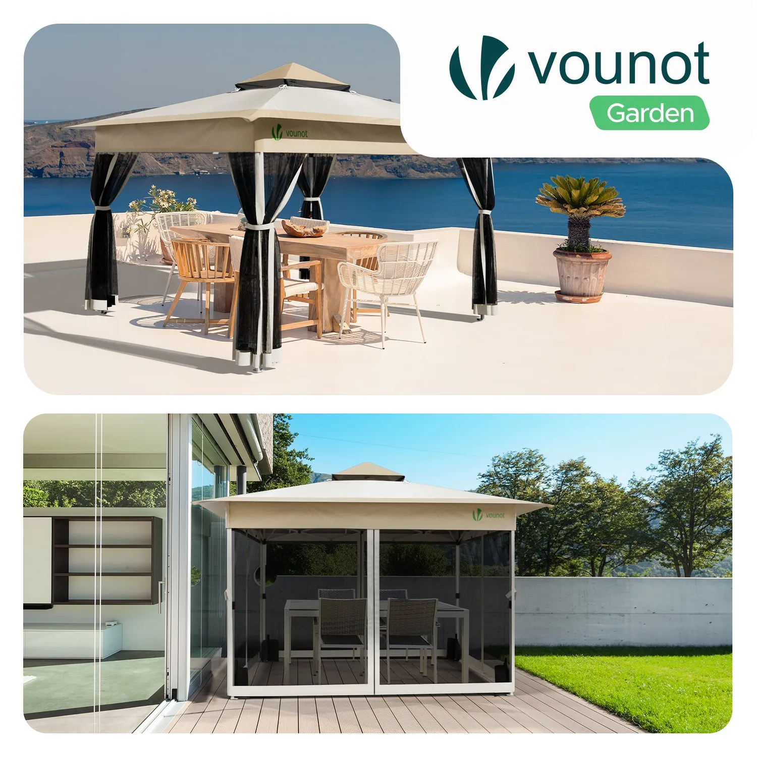 VOUNOT gazebo pieghevole 3,6x3,6 beige zanzariera