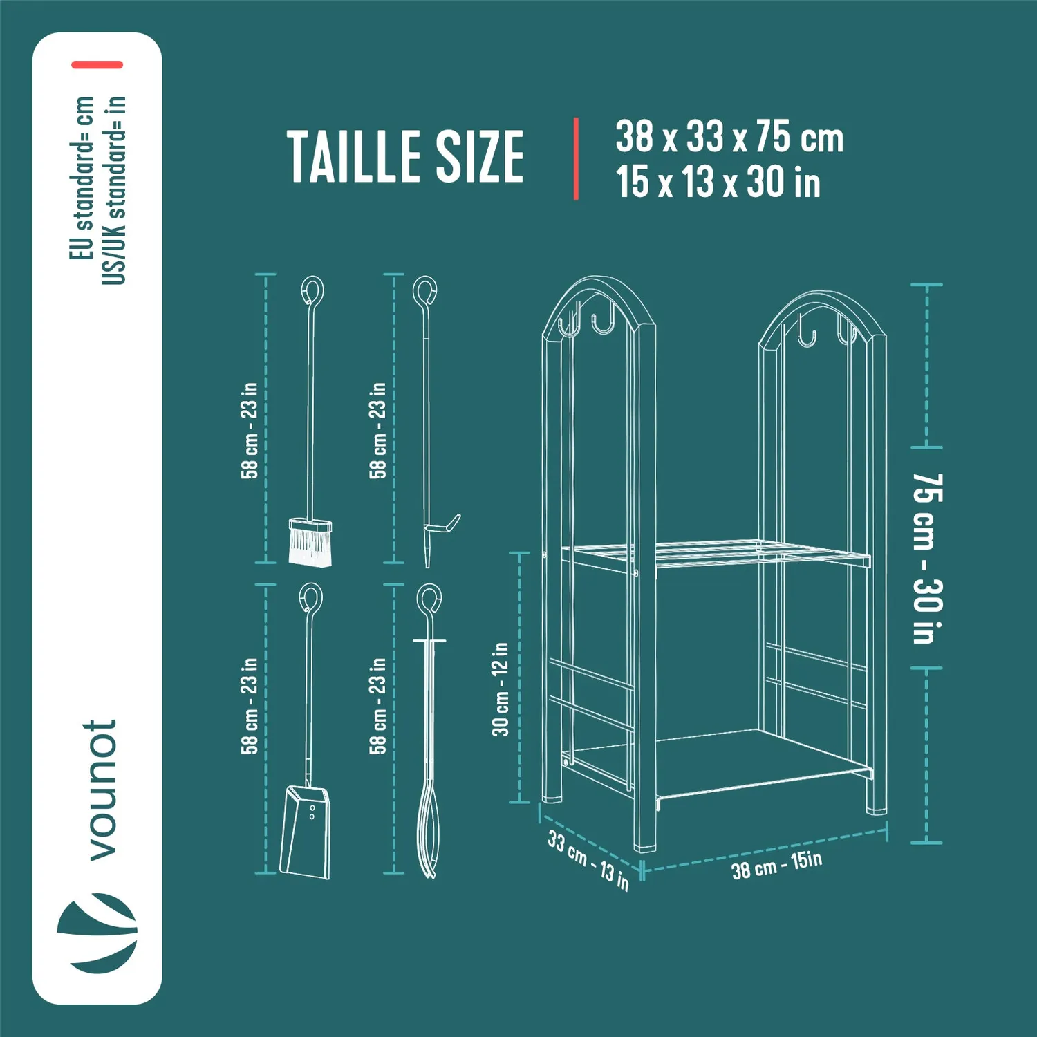 Vounot portalegna nero 38x33x75 cm con 4 attrezzi camino