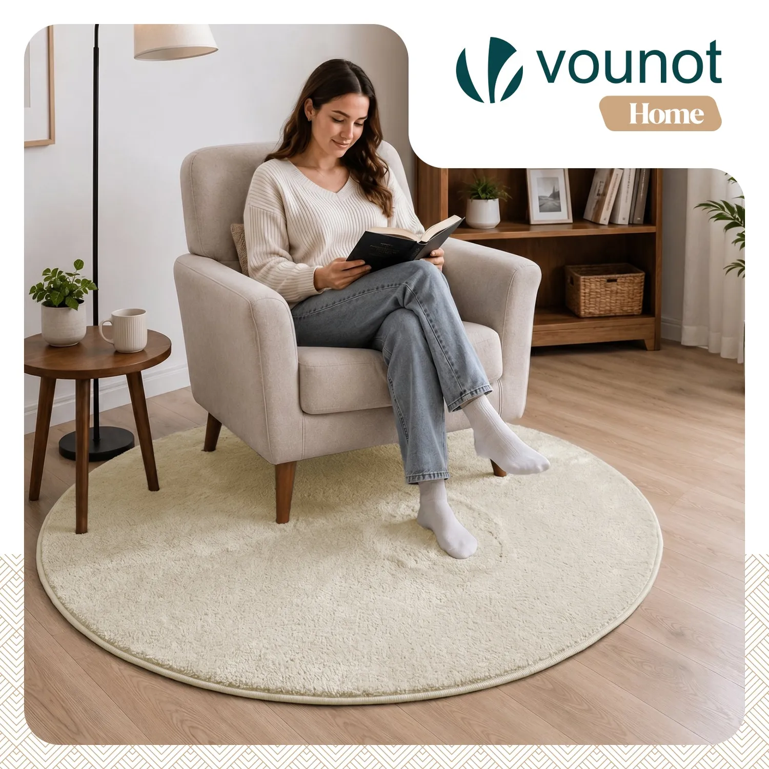 Vounot Tappeto Rotondo 120cm Beige Pelo Raso Antiscivolo