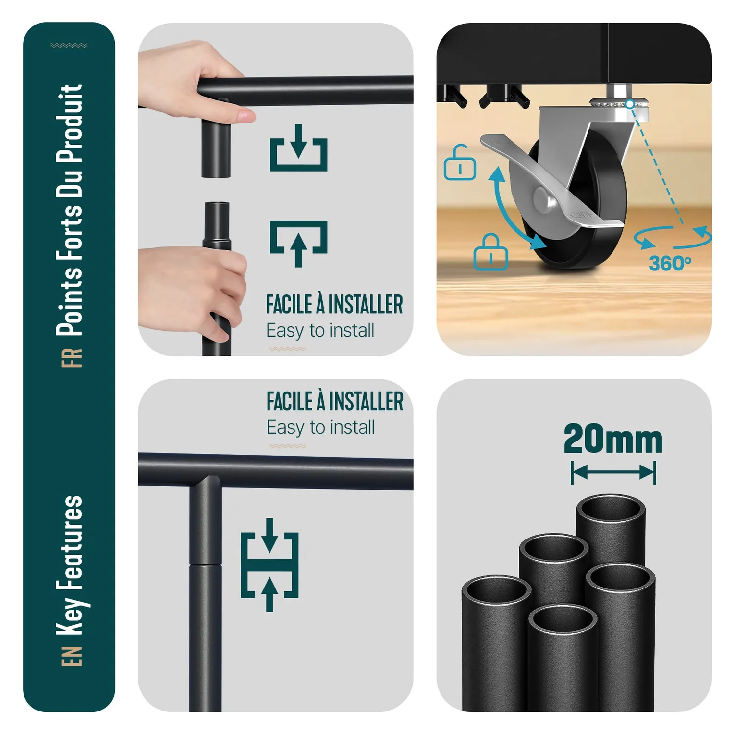 Vounot Stender Doppio con Rotelle 121x40x147cm Nero 40kg