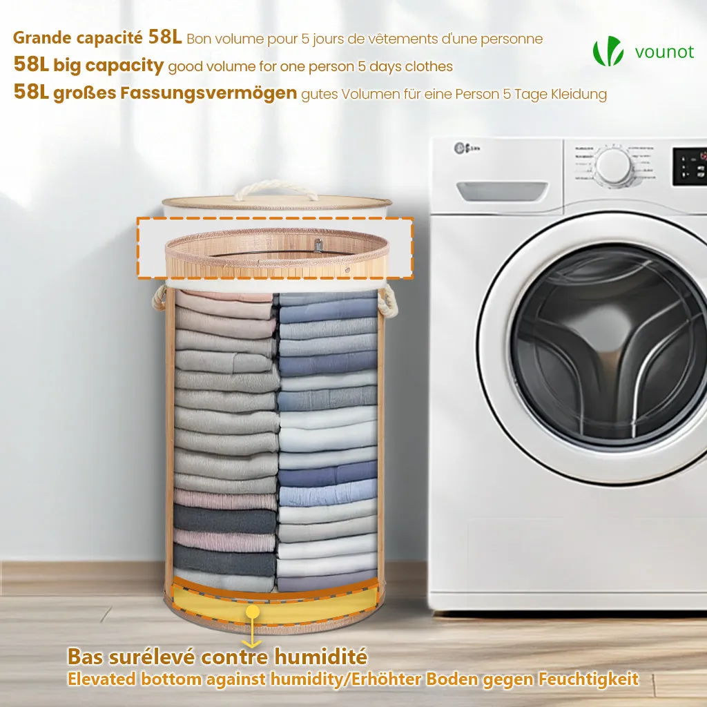 VOUNOT Cesto Biancheria Bambù Rotondo 58L Naturale
