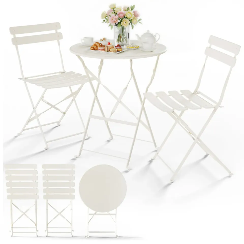 VOUNOT Set Bistrot Metallo Pieghevole Crema 3 Pezzi