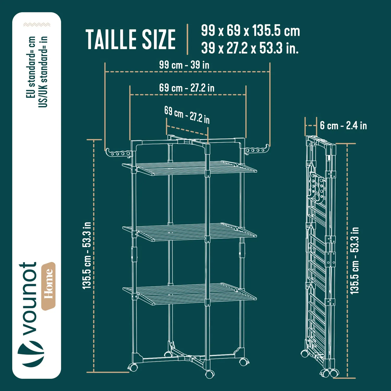 VOUNOT Stendibiancheria Verticale 3 Livelli Bianco 25 m