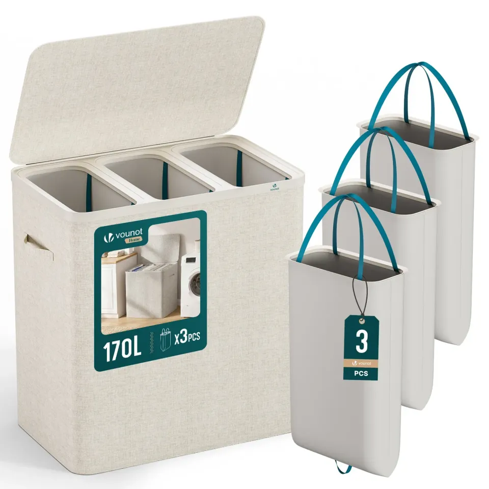 VOUNOT Cesto biancheria 3 scomparti 170L beige con coperchio