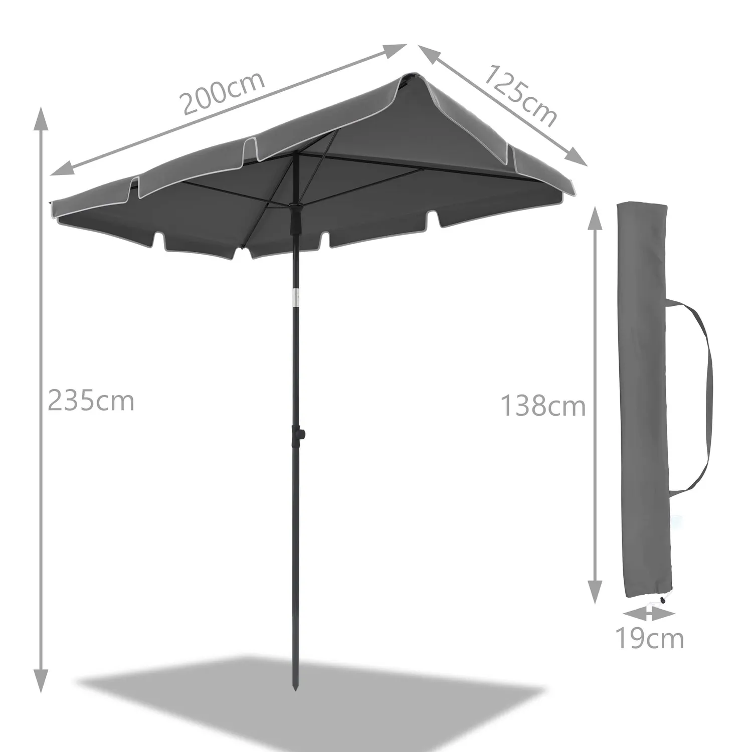 Vounot ombrellone rettangolare 2x1,25m grigio ombra
