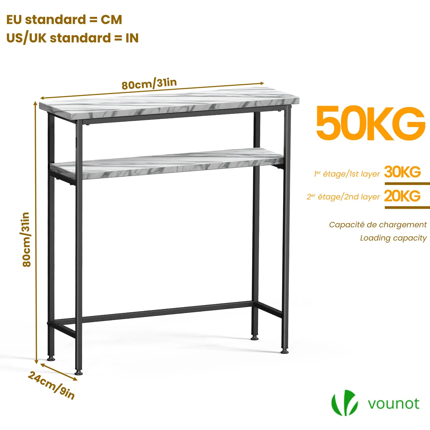 VOUNOT consolle ingresso 80x24x80 cm Bianca 2 ripiani