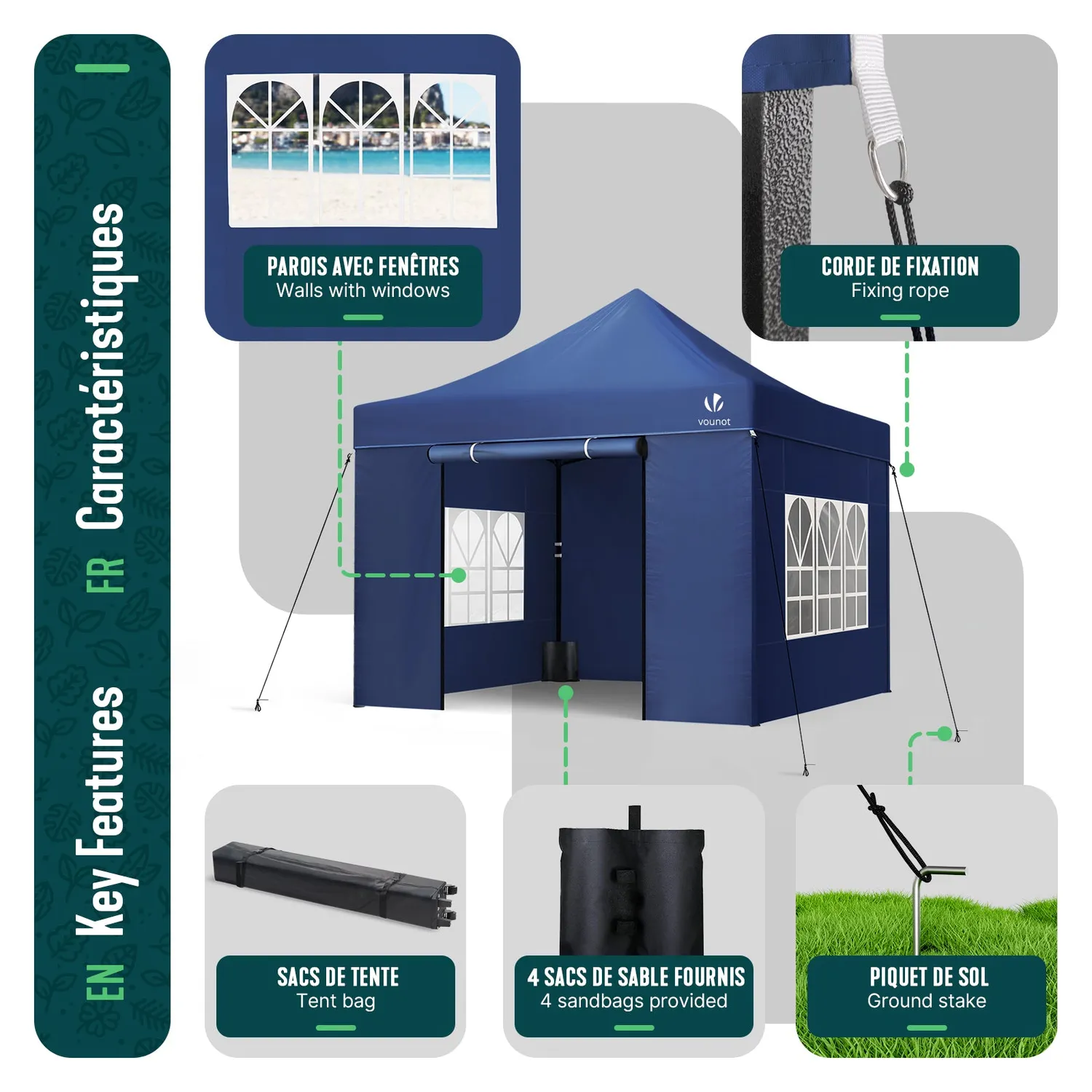 VOUNOT Gazebo pieghevole 3x3m blu con 4 pareti e finestre