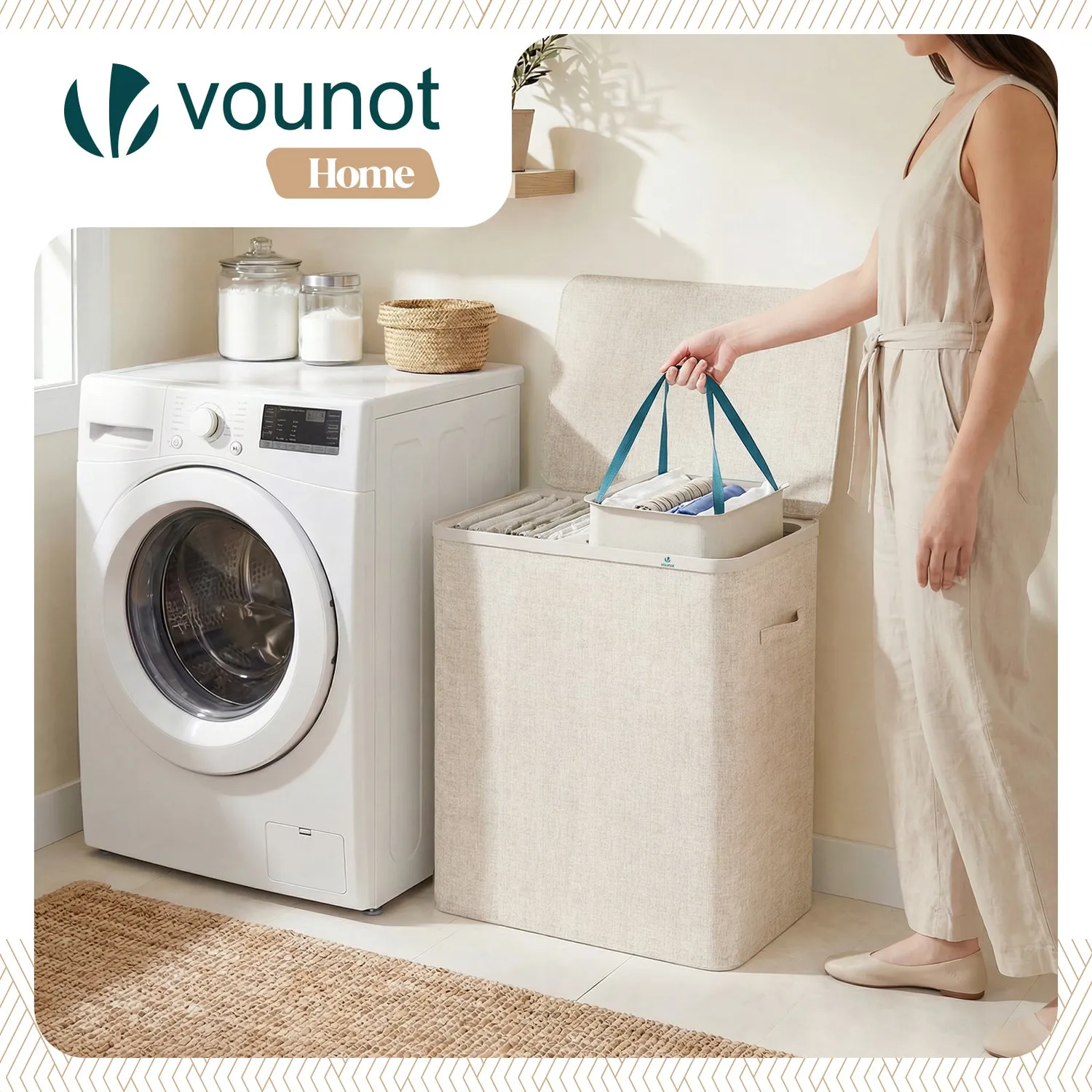 Vounot cesto portabiancheria 150L beige 2 scomparti