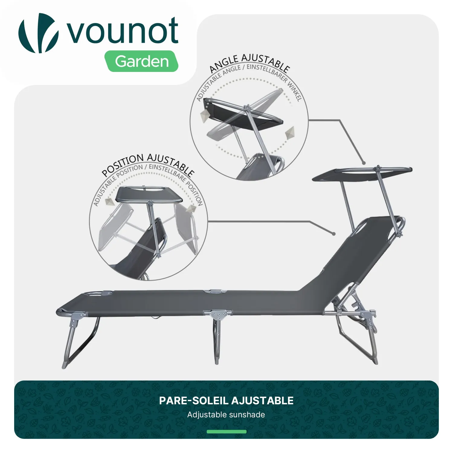 VOUNOT Lettino Prendisole Grigio 190 cm Parasole 2 Pezzi
