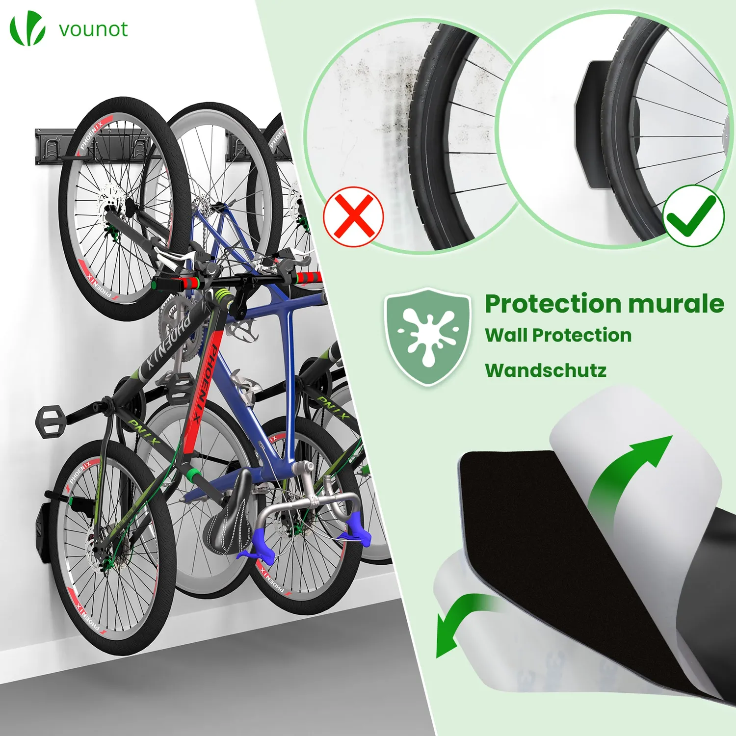 VOUNOT Portabici Muro 6 Bici+3 Caschi Nero Metallo 123 cm